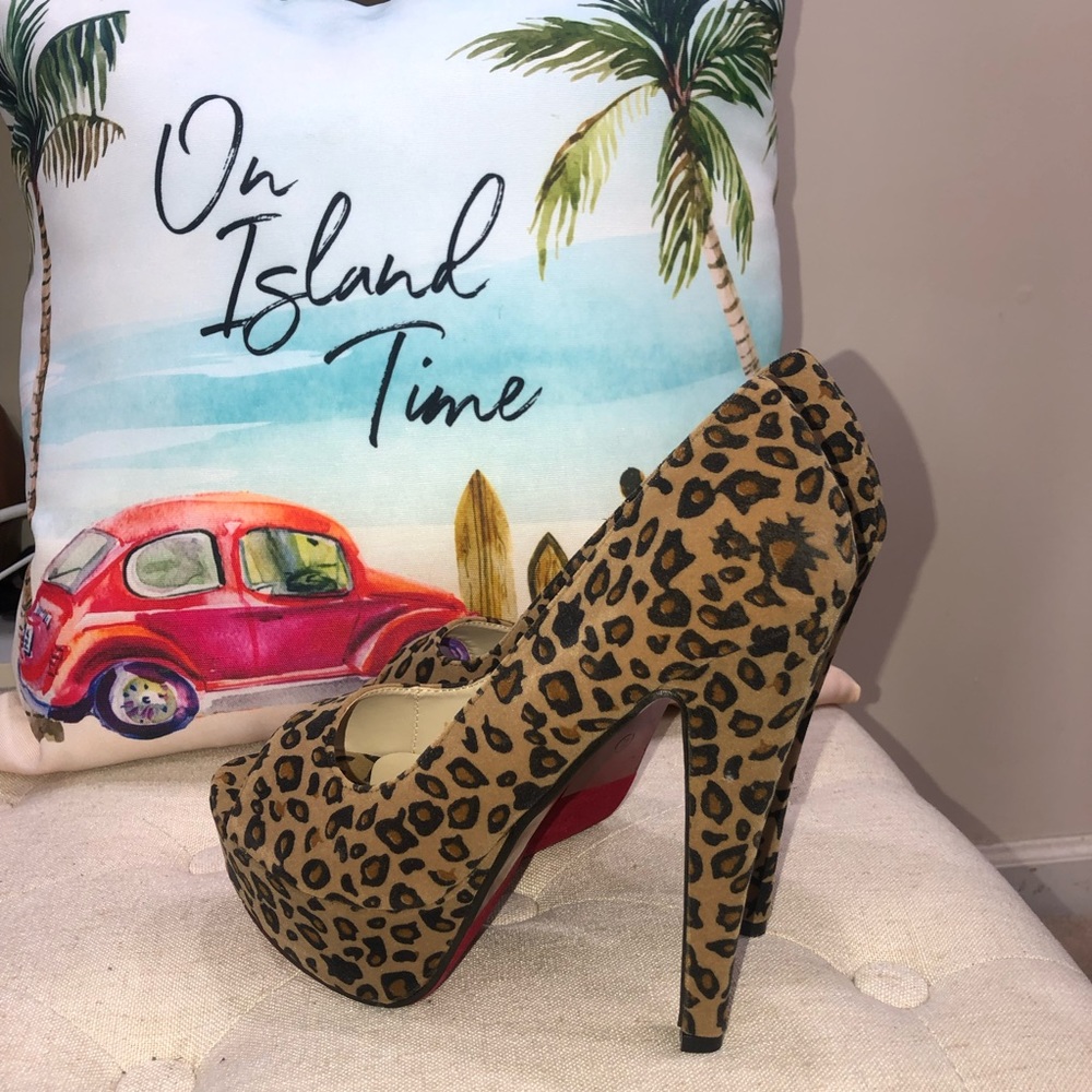 Amiclubwear Leopard Print Open Toe Chunky  Faux Suede Platform  High Heels